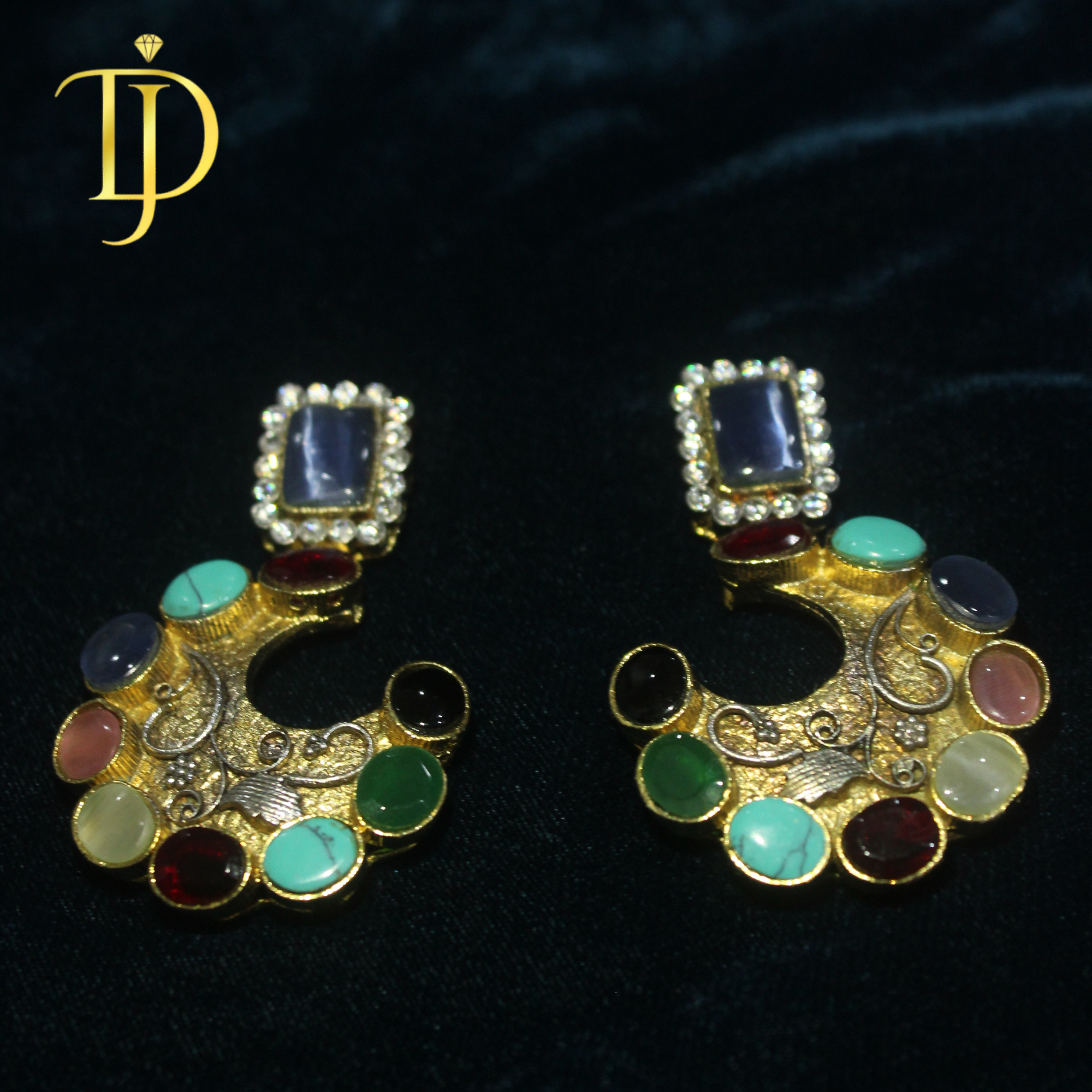 Handmade Gold-Plated Multicolor Crescent Statement Earrings (Semi-Precious Look Stones)