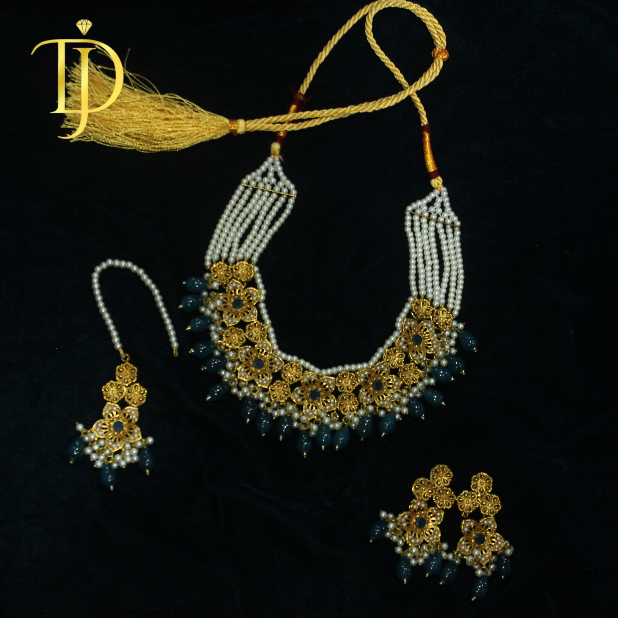 Azure Blossom Gold-Plated Necklace with Pearls & Blue Stone Droplets