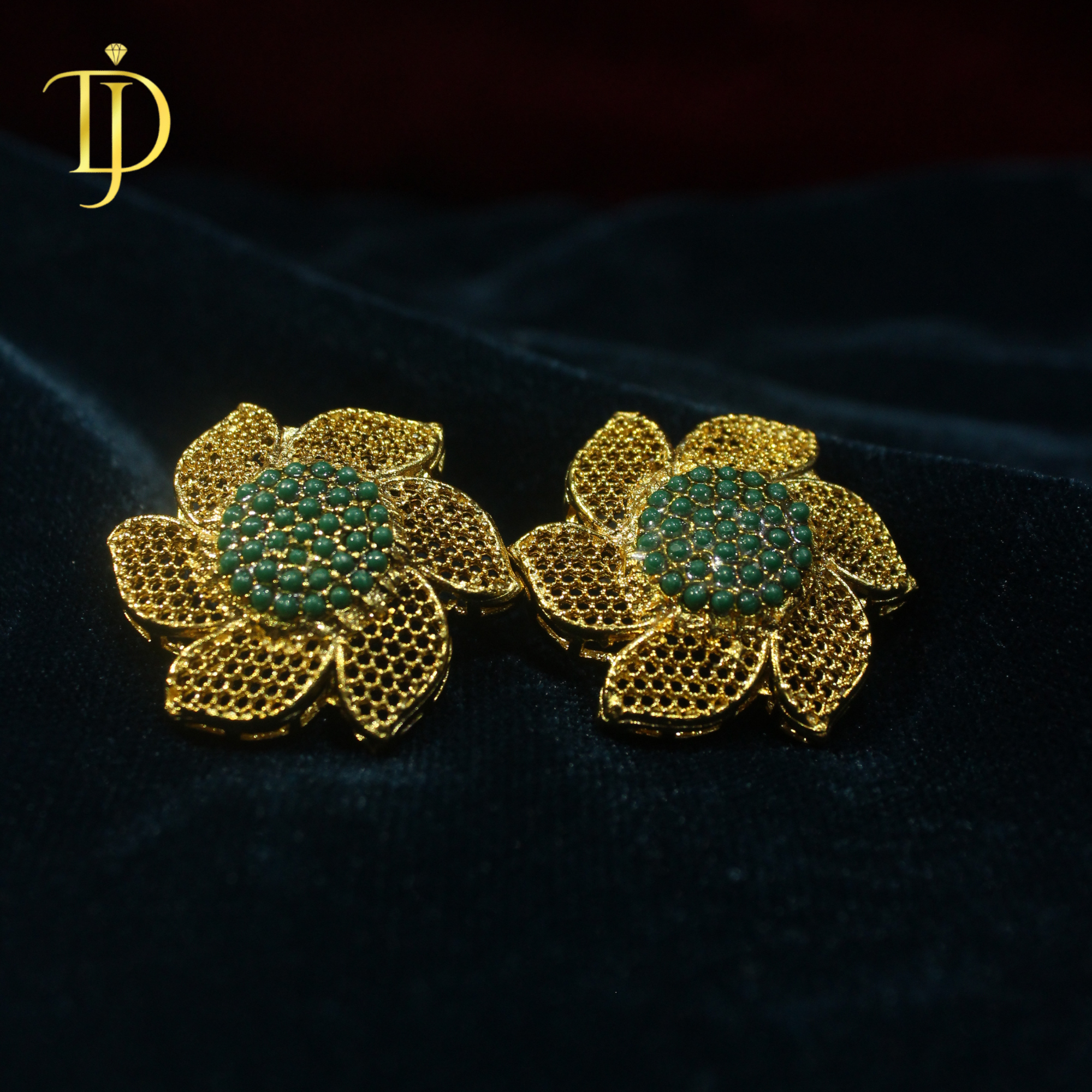 Elegant Green Stone Floral Gold Plated Stud Earrings for Women
