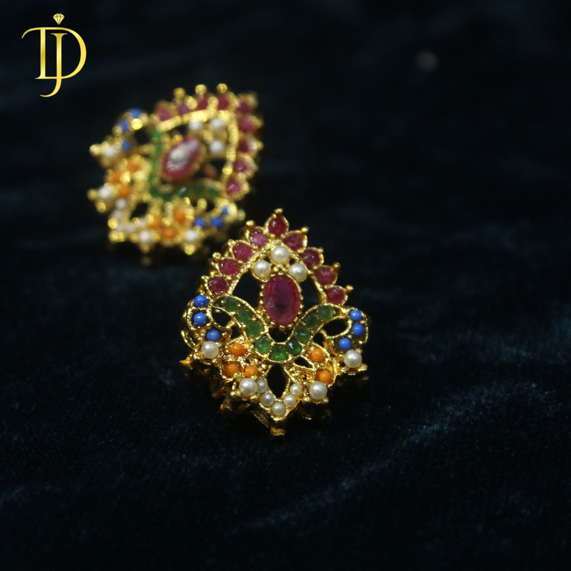 Royal Navratna Pearl Kundan Gold-Plated Stud Earrings