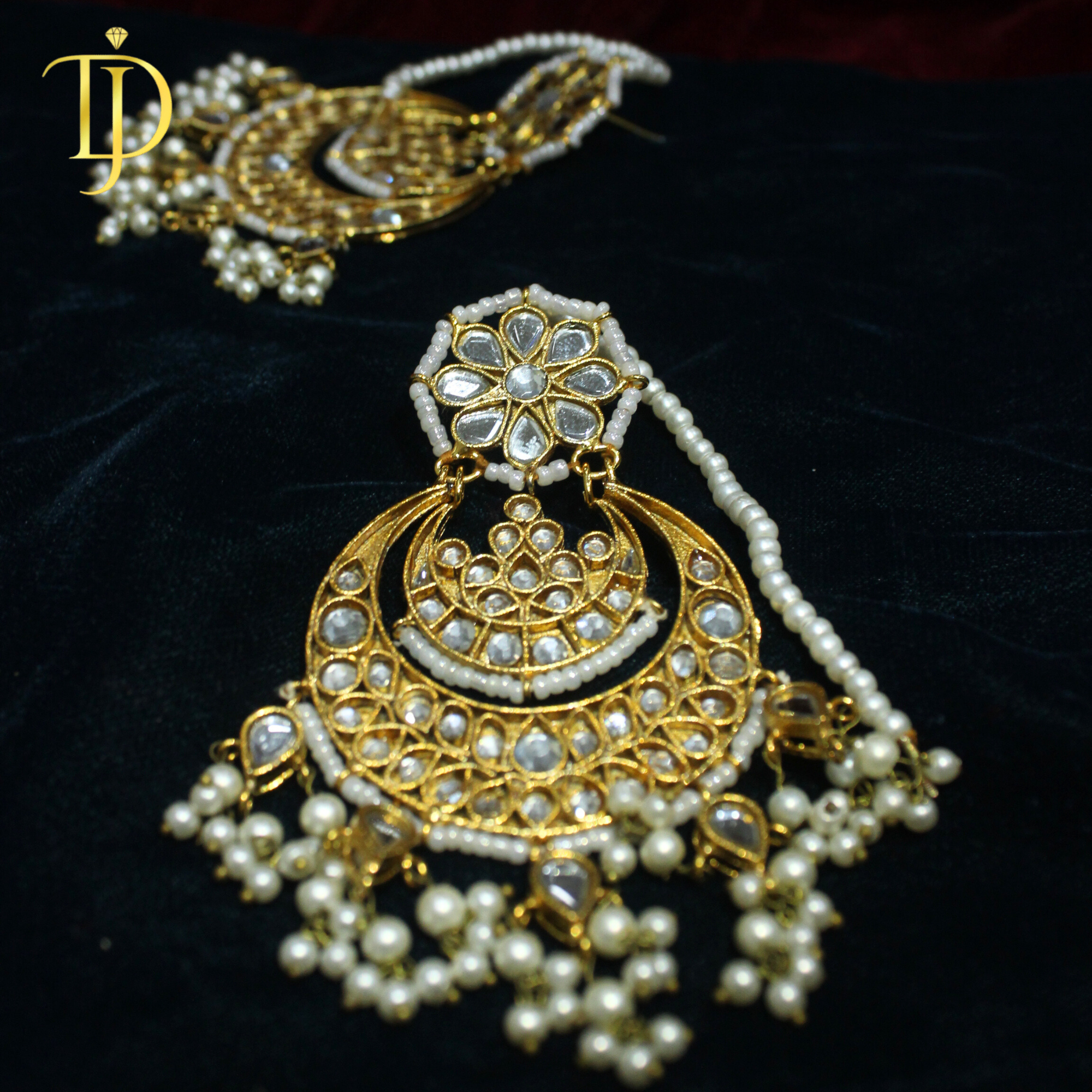 Traditional Kundan & Pearl Chandbali Earrings with Sahari Chains
