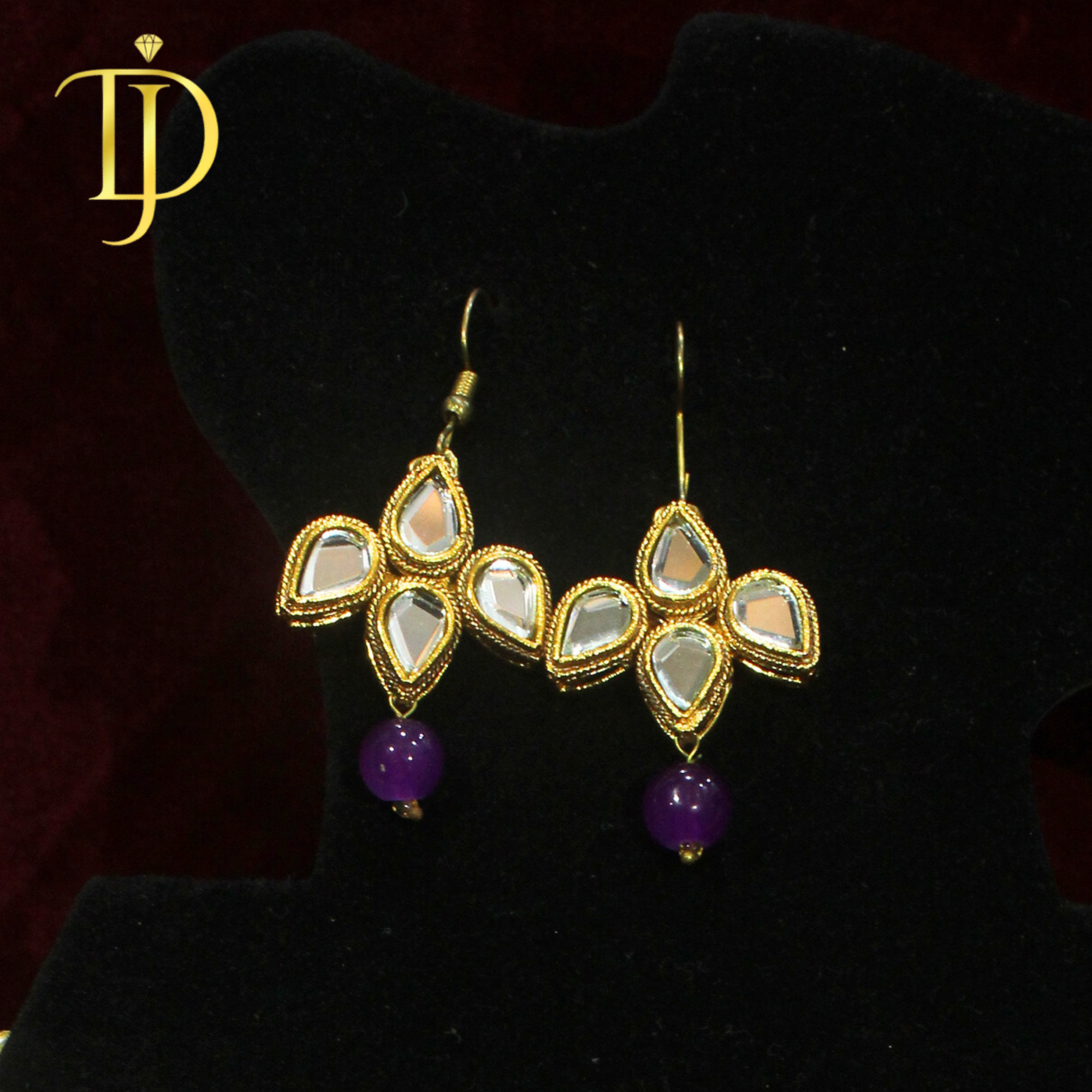 Handmade Kundan Flower Earrings - Traditional Gold Mirror Work Danglers with Purple Stone Drops