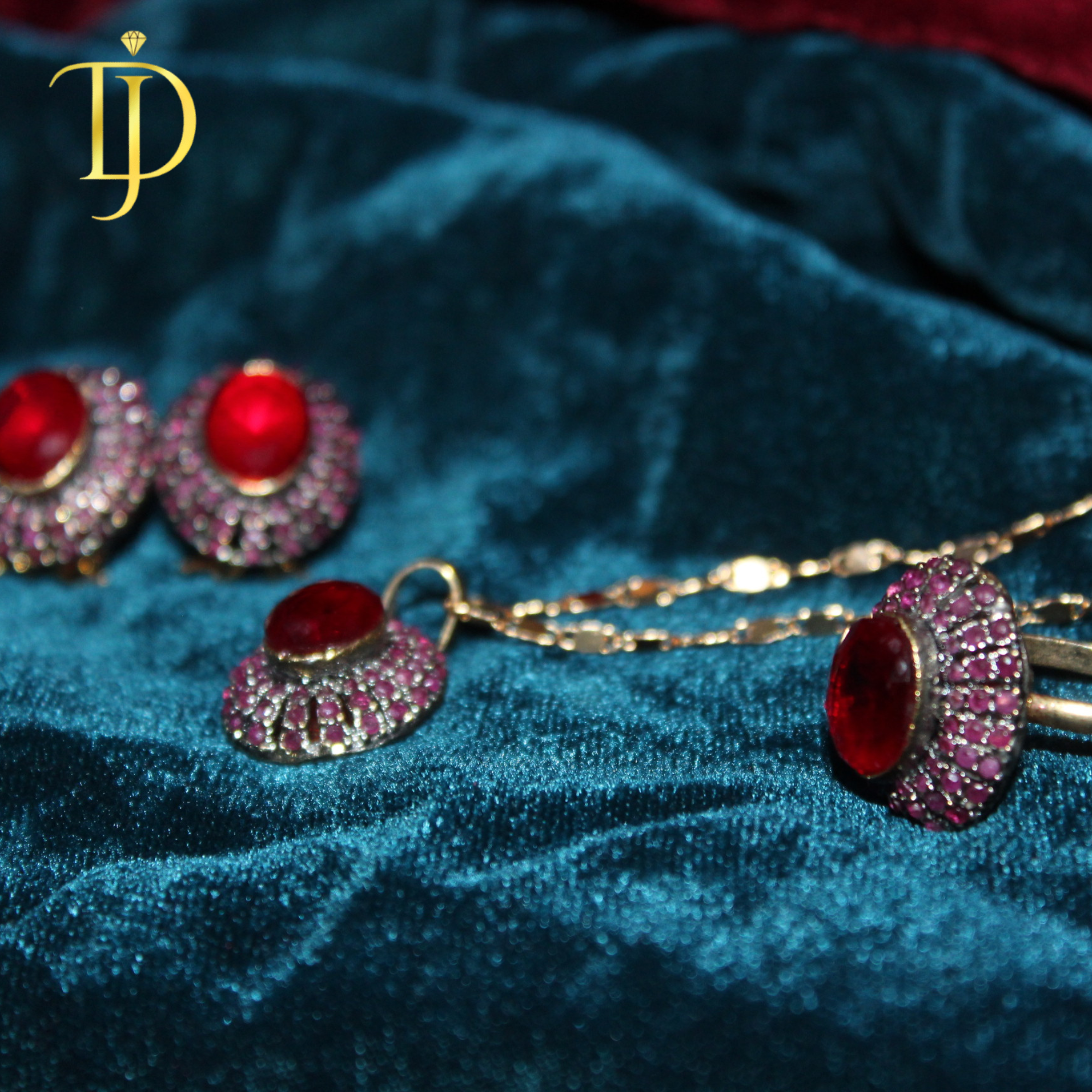 Royal Ruby Red Pendant Set – Ring, Earrings & Necklace Combo