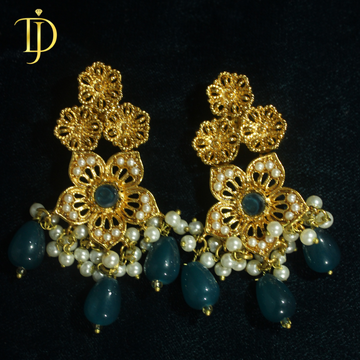 Azure Blossom Gold-Plated Earrings with Pearl & Blue Stone Droplets