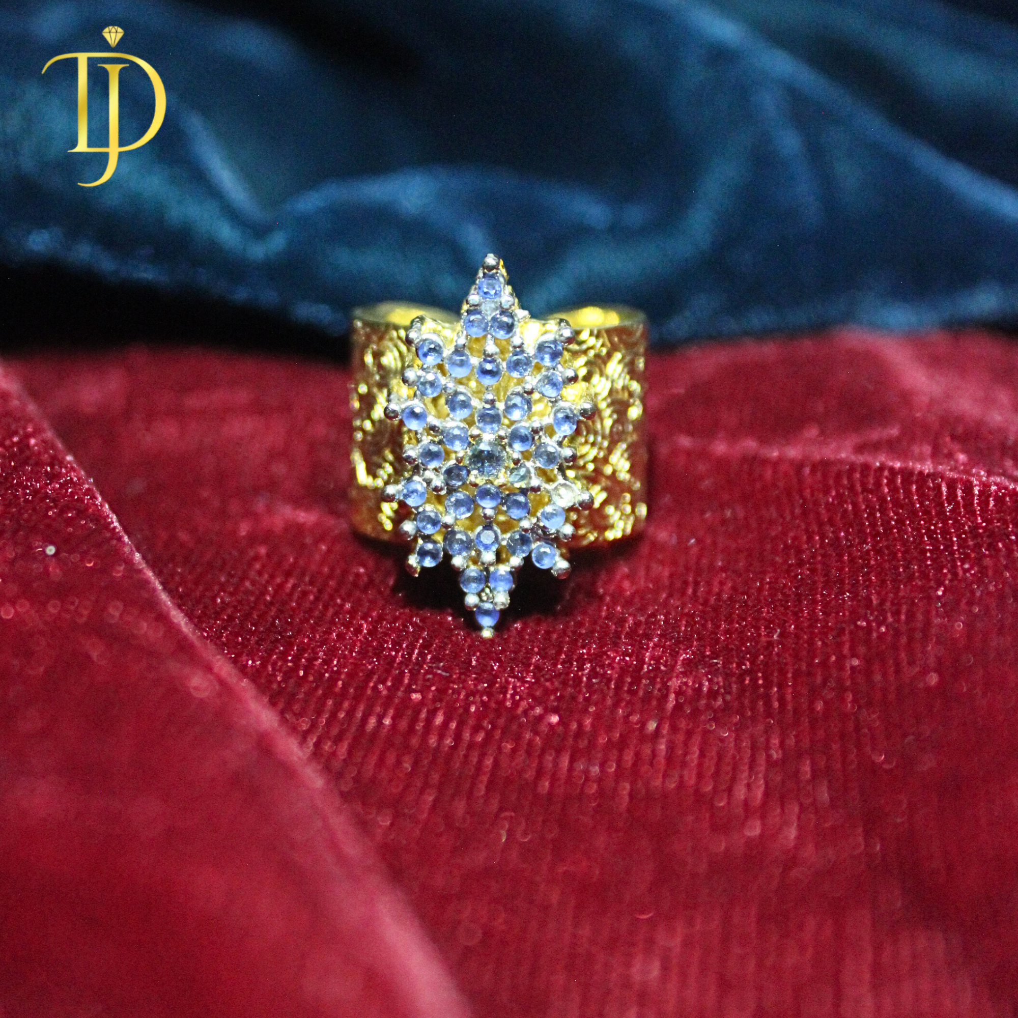 Royal Blue Cluster Statement Ring for Women – Luxury Gold Engraved Adjustable Band