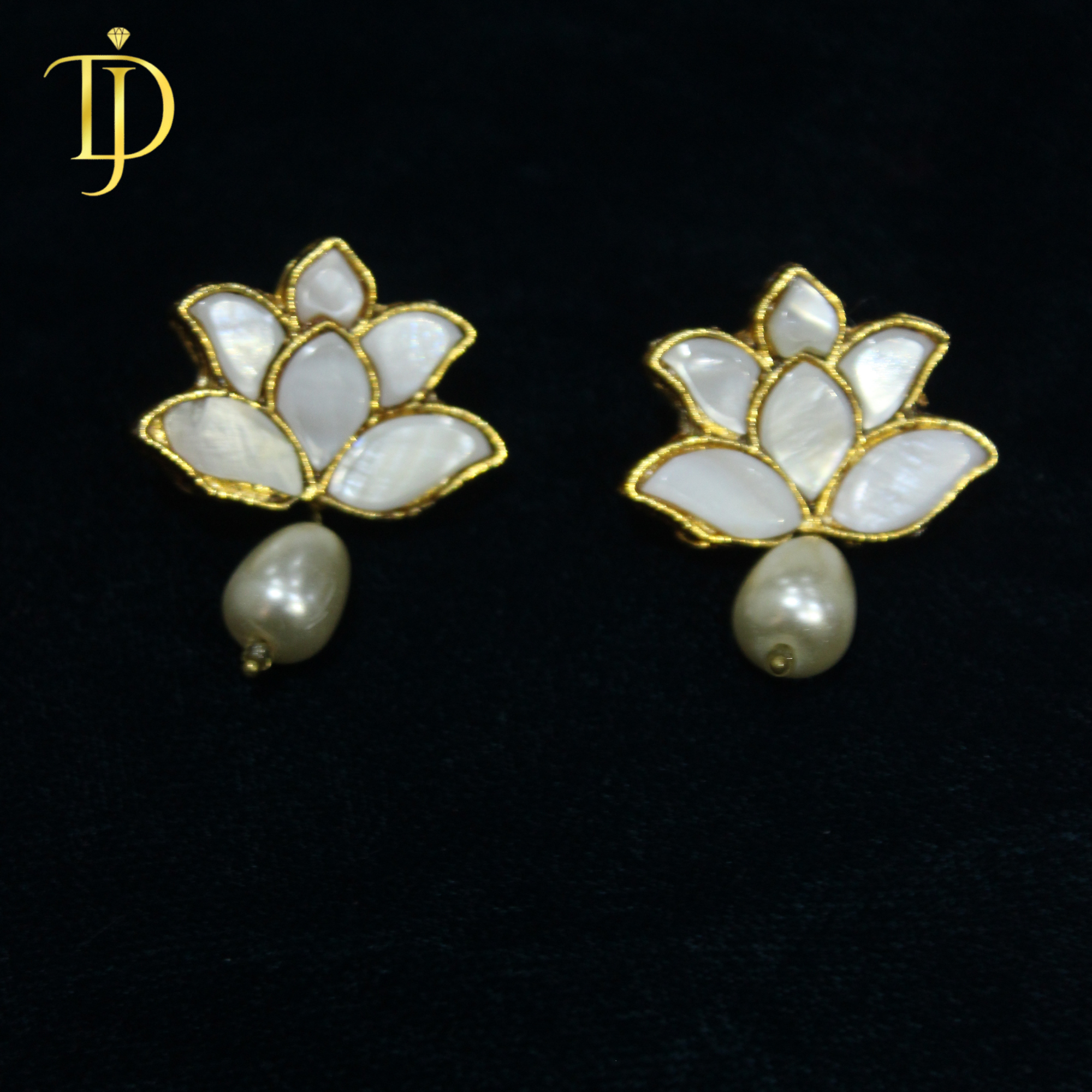Handcrafted Mother of Pearl Lotus Studs with Teardrop Pearl Drops