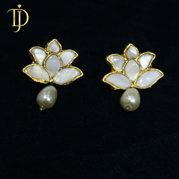 Handcrafted Mother of Pearl Lotus Studs with Teardrop Pearl Drops