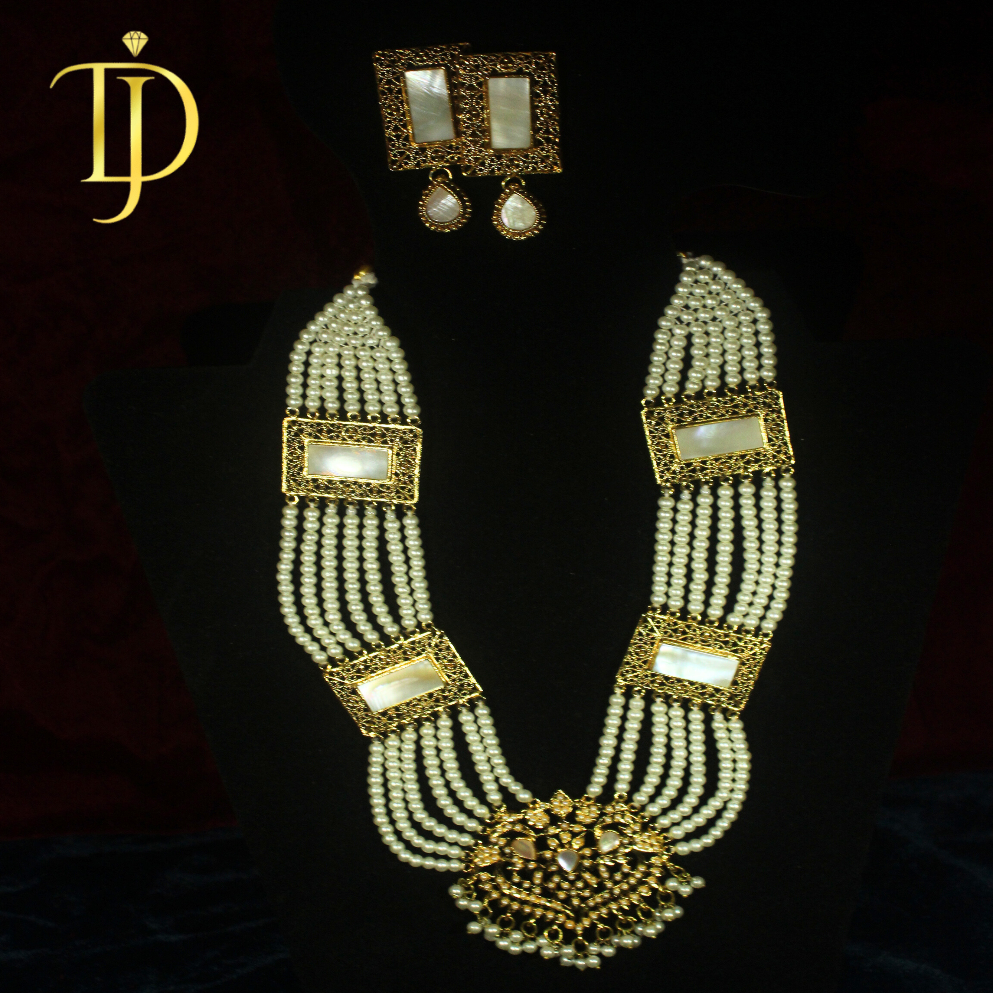 Handmade Gold-Plated Multi-Strand Pearl Necklace Set with Mother-of-Pearl Accents (Necklace + Earrings)