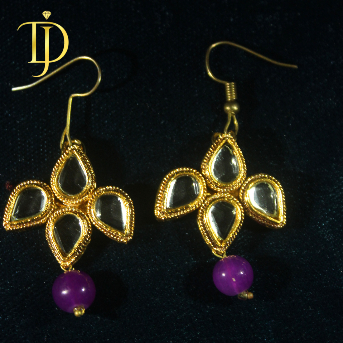 Handmade Kundan Flower Earrings - Traditional Gold Mirror Work Danglers with Purple Stone Drops