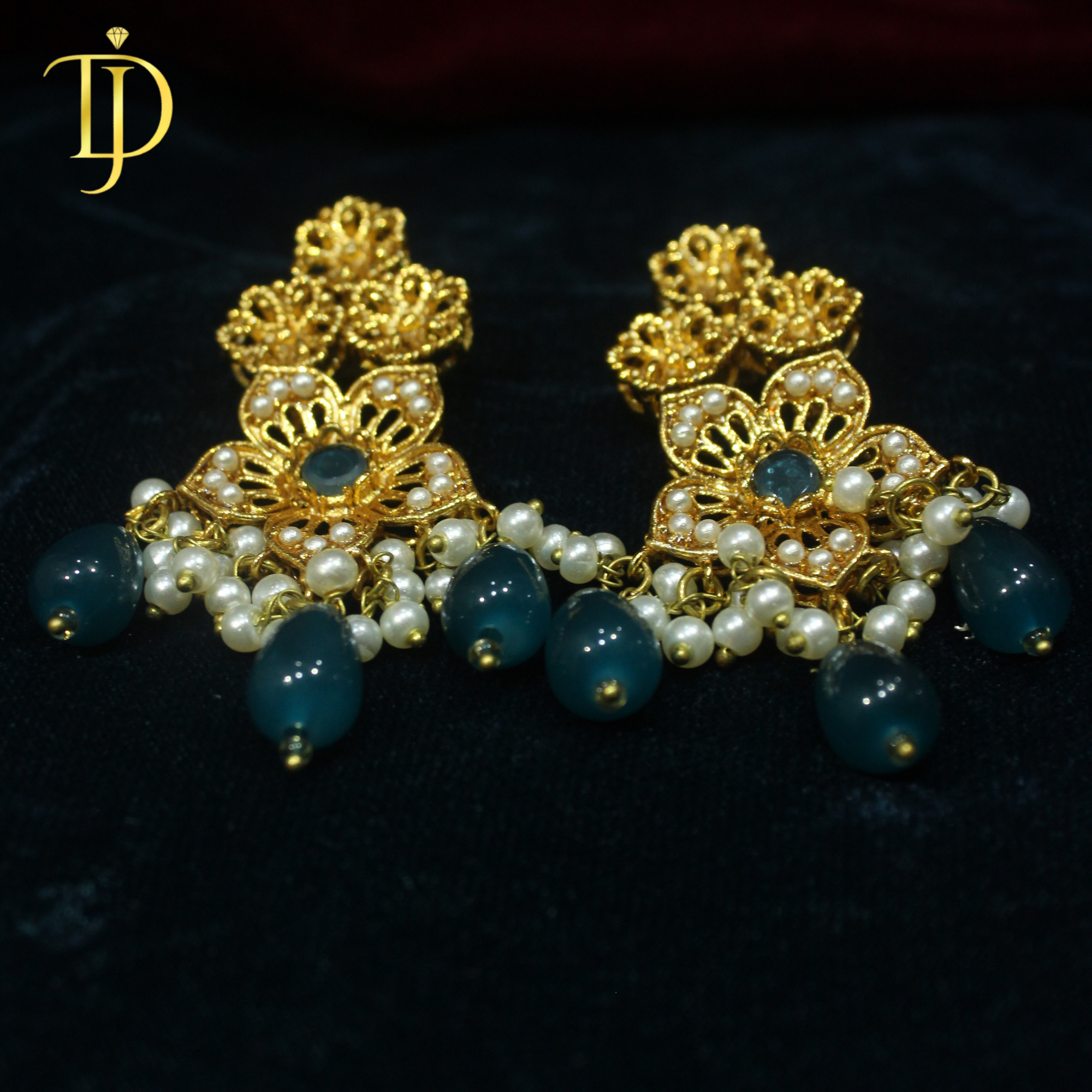 Azure Blossom Gold-Plated Earrings with Pearl & Blue Stone Droplets