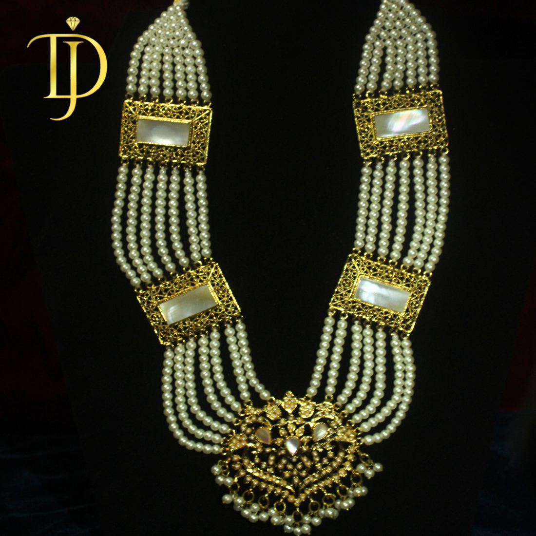 Handmade Gold-Plated Multi-Strand Pearl Necklace Set with Mother-of-Pearl Accents (Necklace + Earrings)