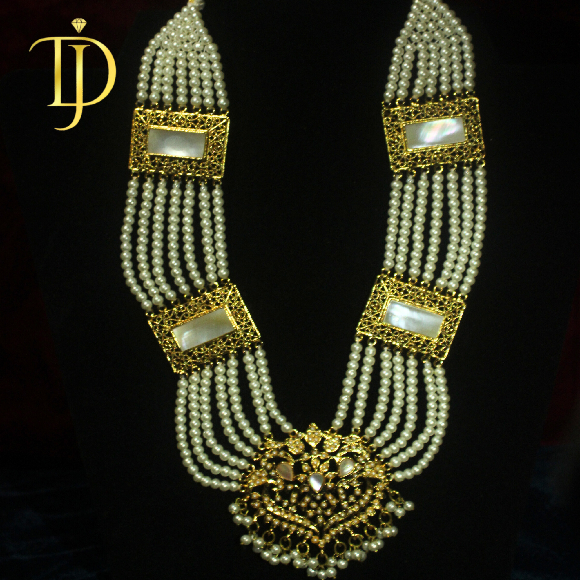Handmade Gold-Plated Multi-Strand Pearl Necklace Set with Mother-of-Pearl Accents (Necklace + Earrings)
