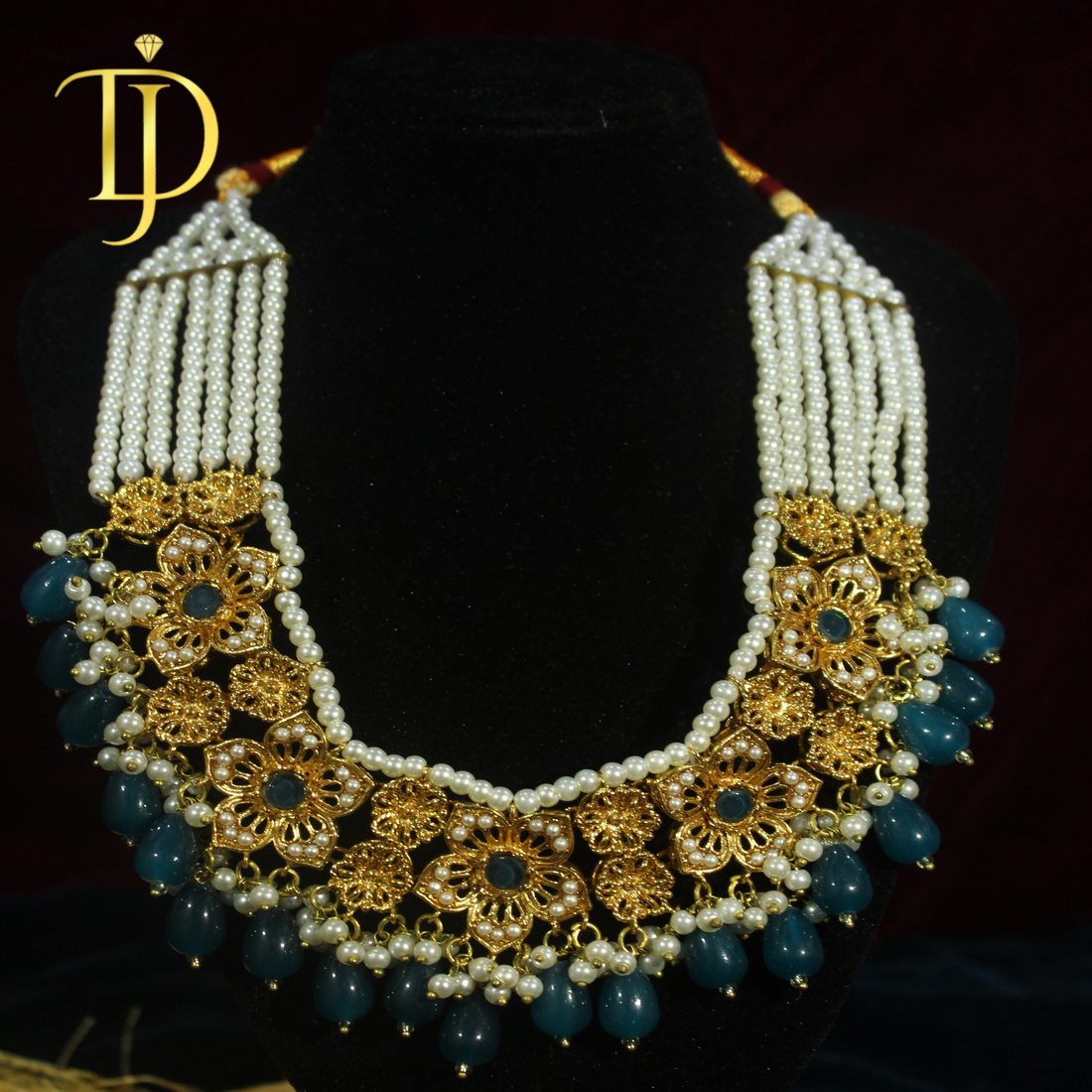 Azure Blossom Gold-Plated Necklace with Pearls & Blue Stone Droplets