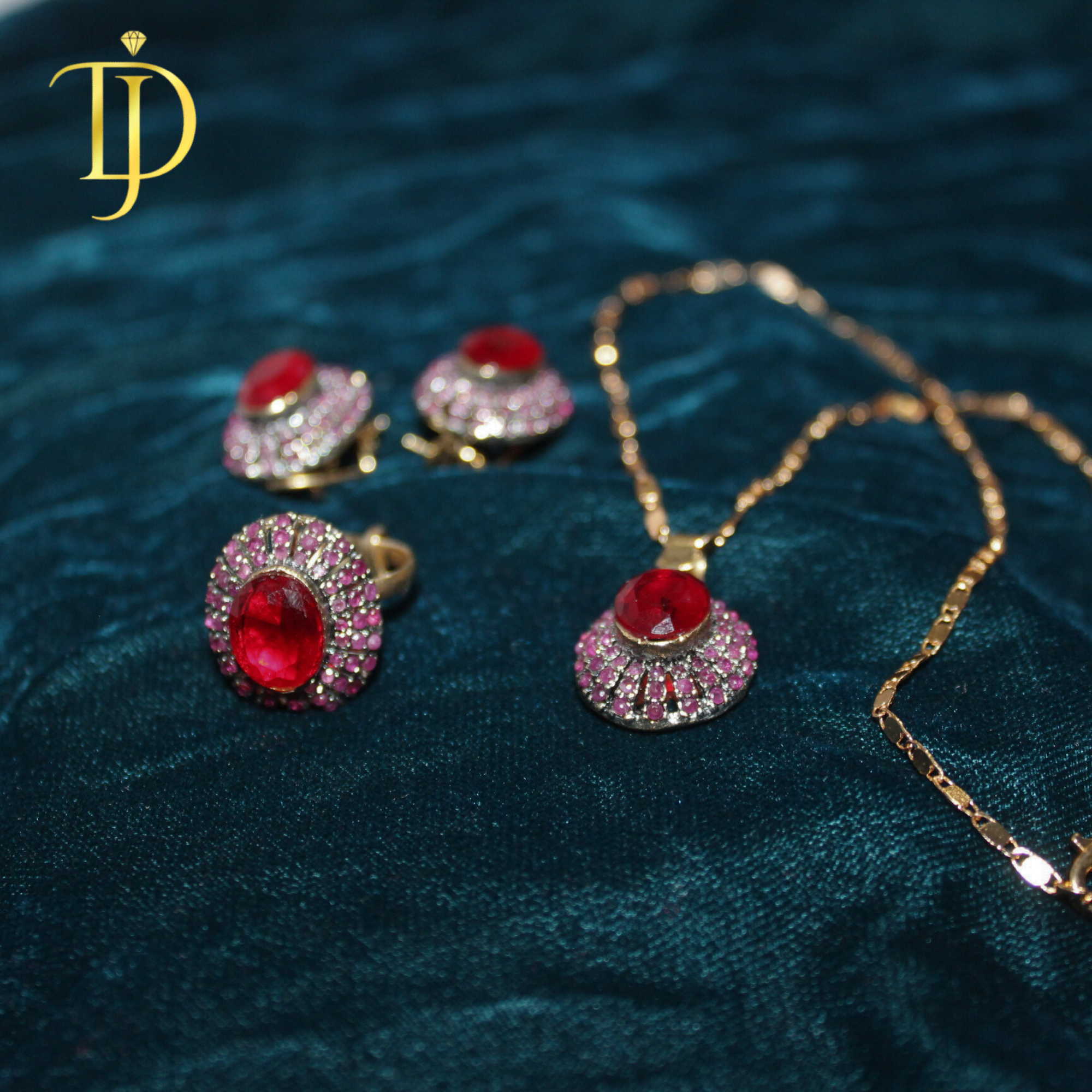 Royal Ruby Red Pendant Set – Ring, Earrings & Necklace Combo