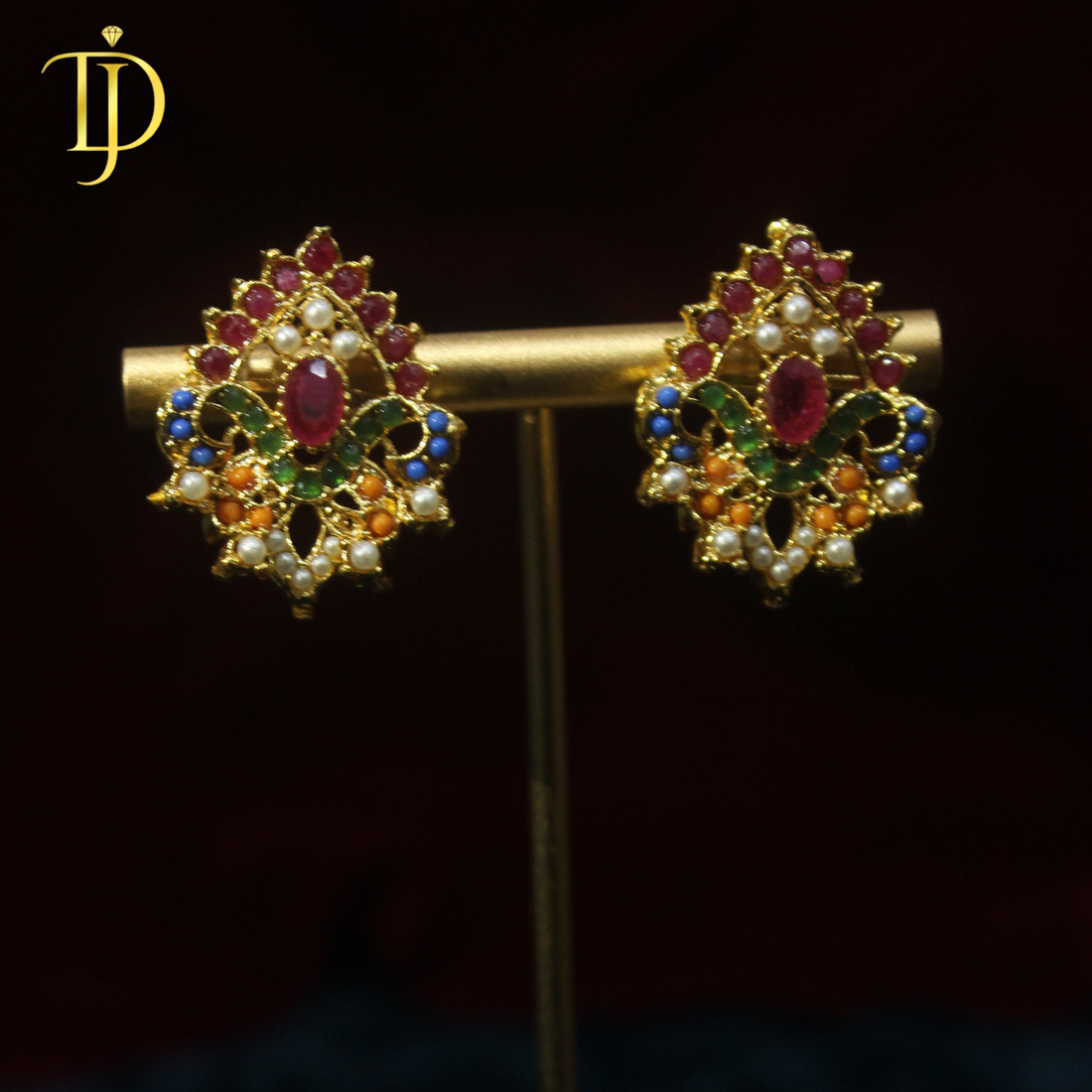 Royal Navratna Pearl Kundan Gold-Plated Stud Earrings