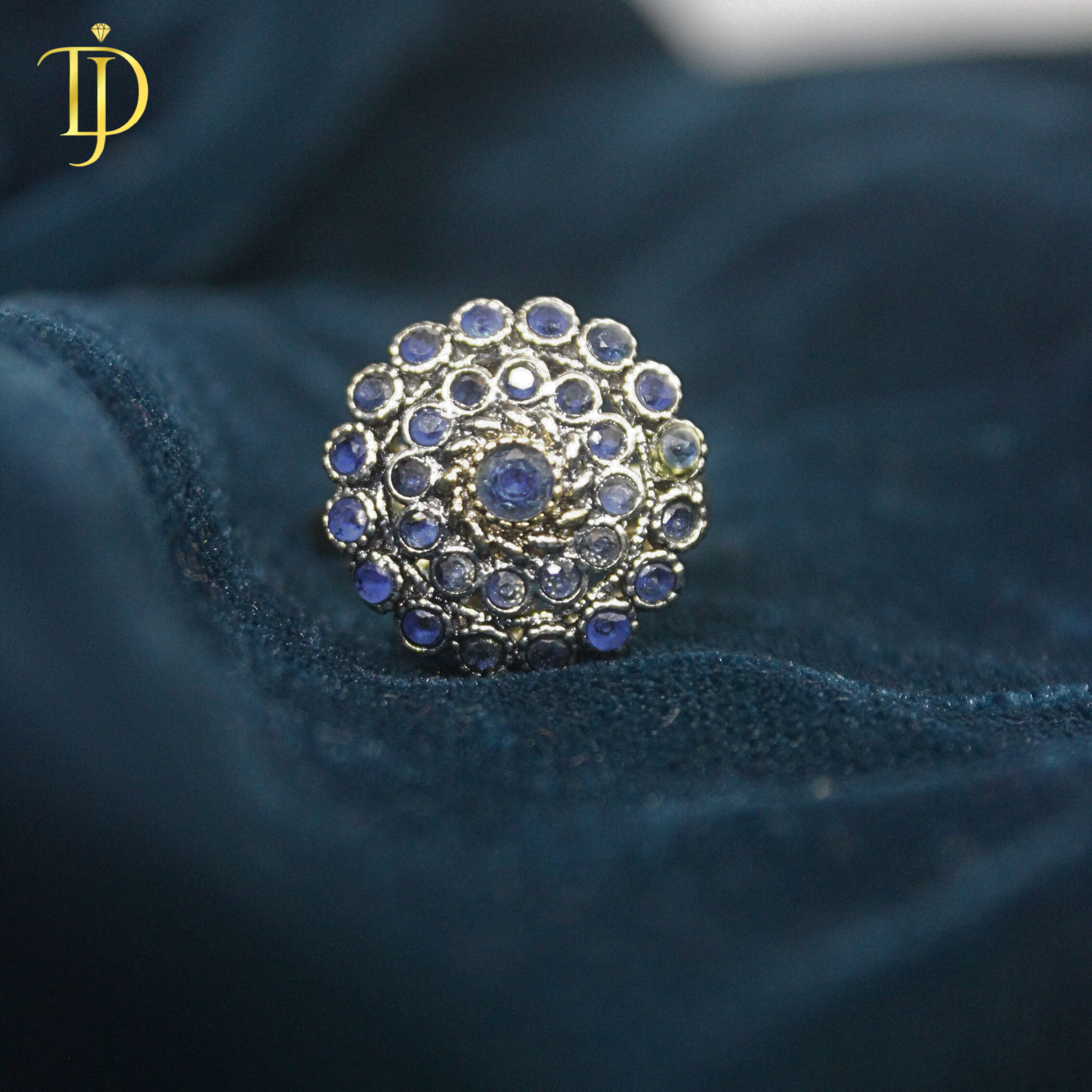 Dusky Jewels Royal Sapphire Statement Ring – Luxury Blue Crystal Gold Finish