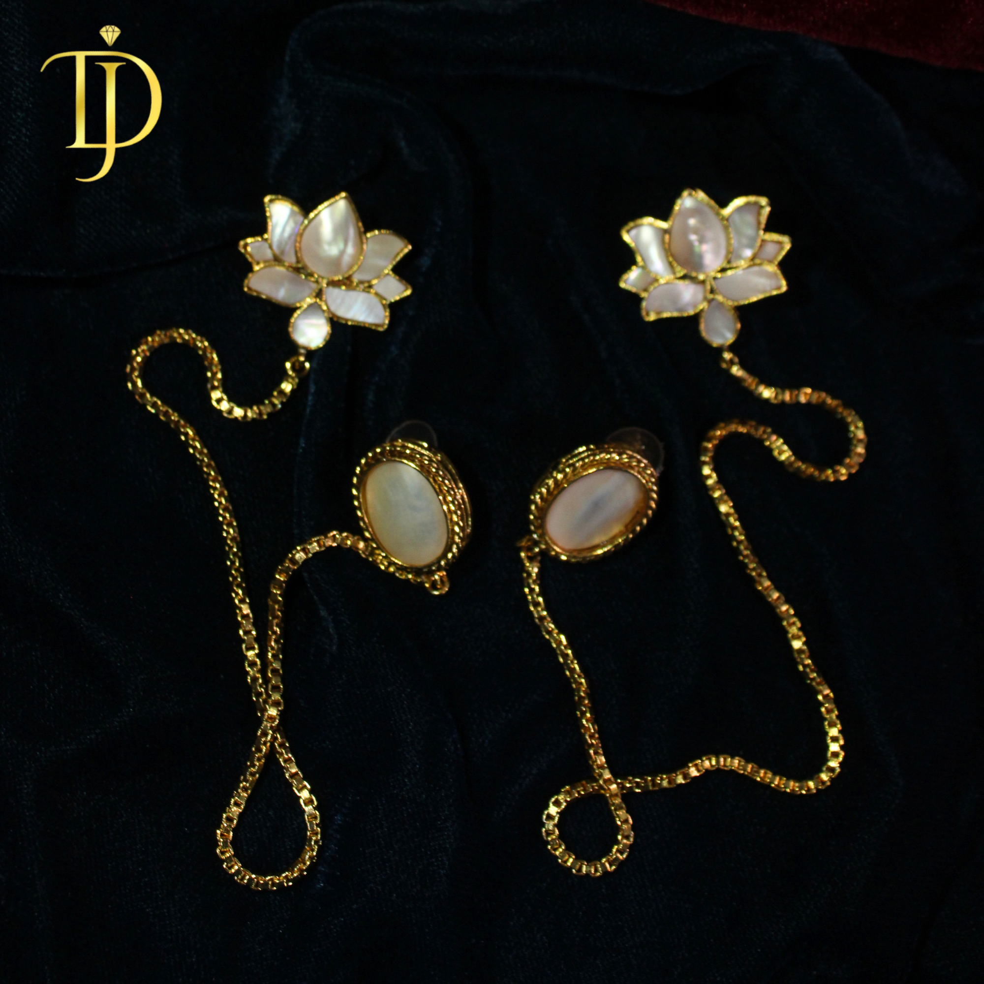 Elegant White Stone Lotus Chain Drop Gold Plated Earrings for Women