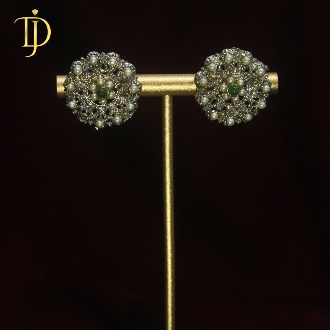 Elegant Floral Pearl & Emerald Green Stud Earrings