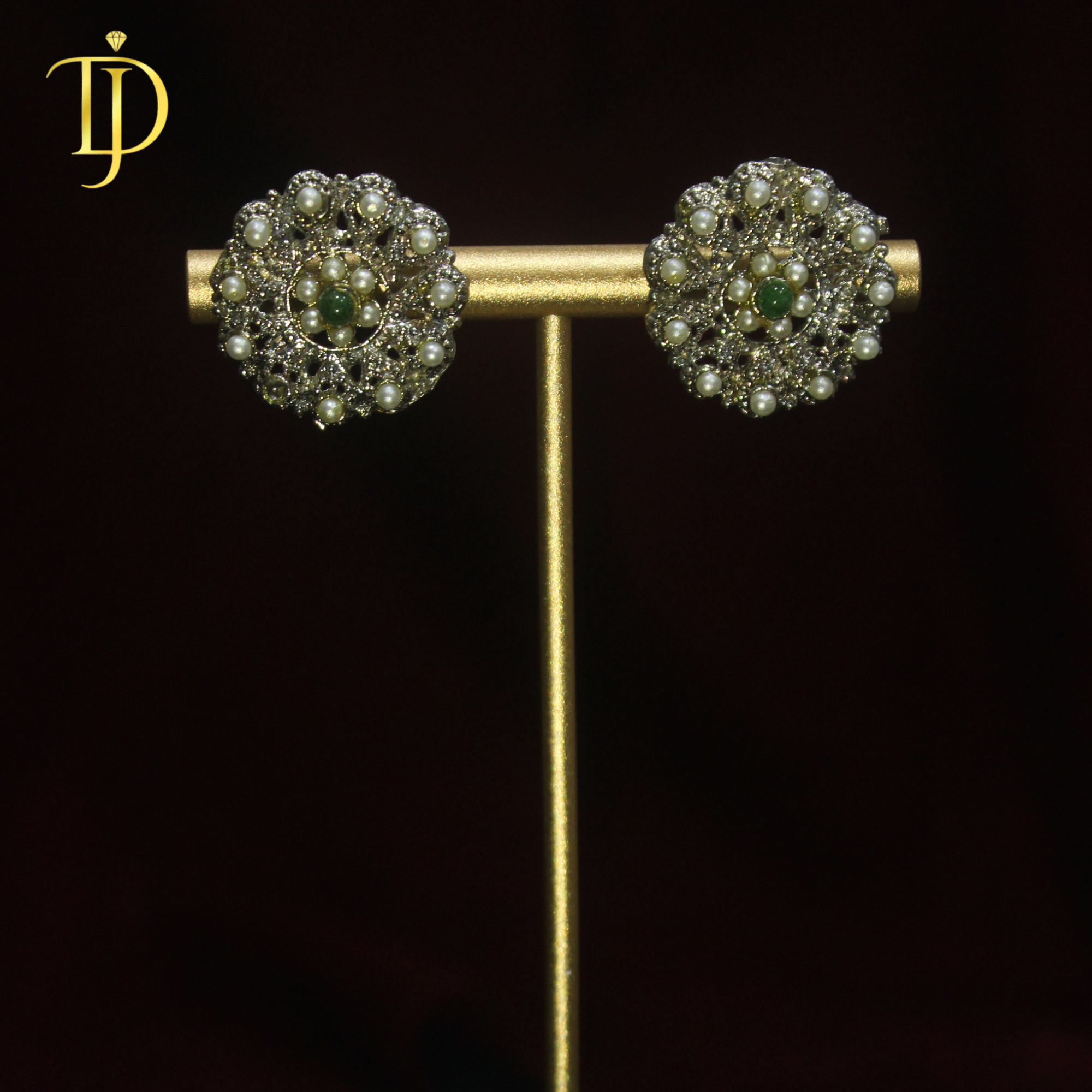 Elegant Floral Pearl & Emerald Green Stud Earrings