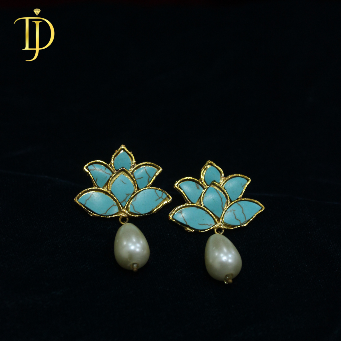 Handcrafted Mother of Pearl Lotus Studs with Teardrop Pearl Drops