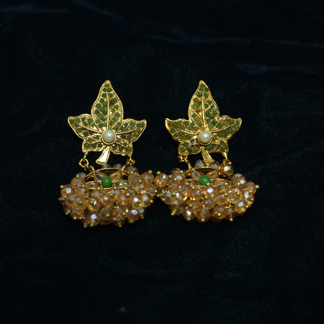 Elegant Maple Leaf Kundan Drop Earrings with Pearl Accents
