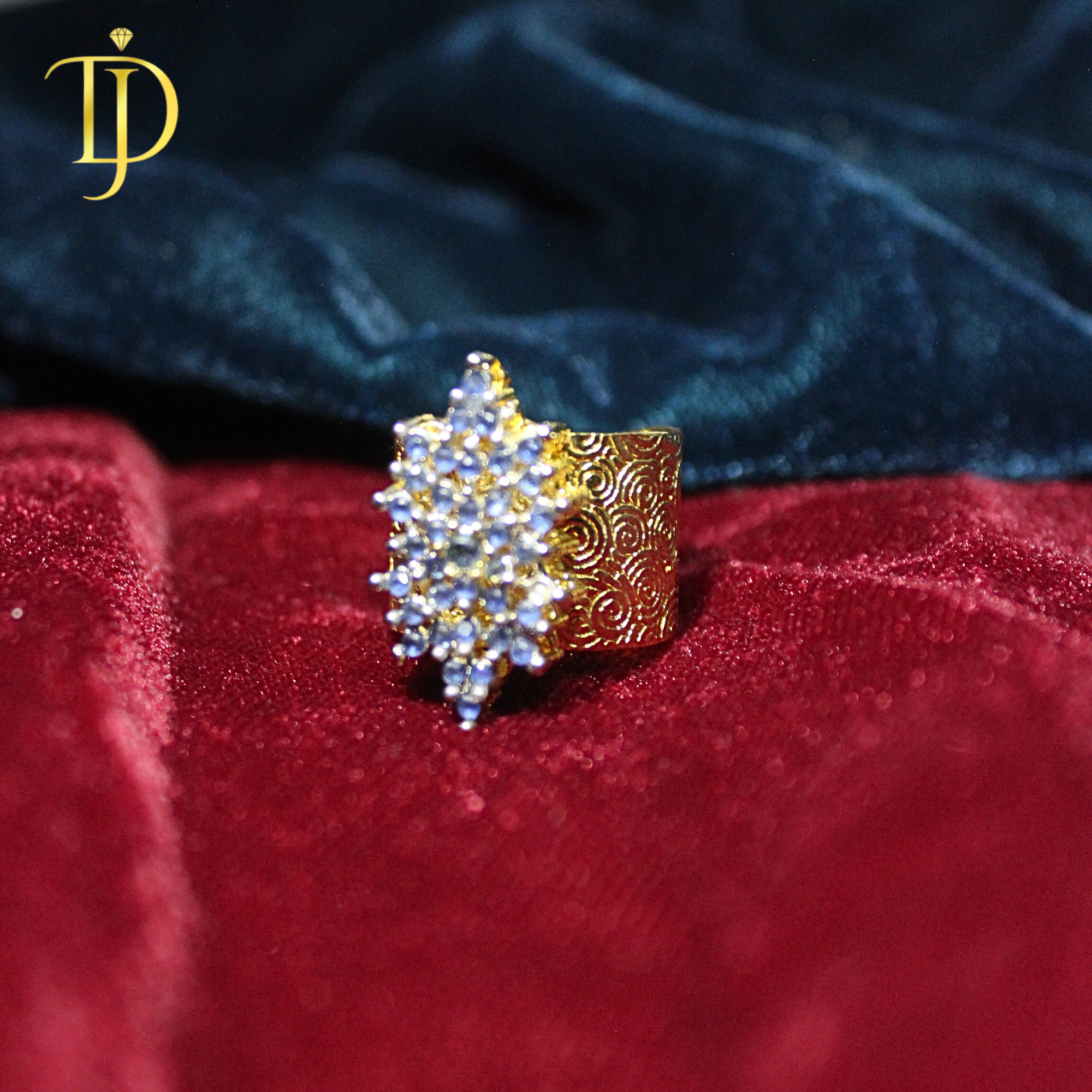 Royal Blue Cluster Statement Ring for Women – Luxury Gold Engraved Adjustable Band