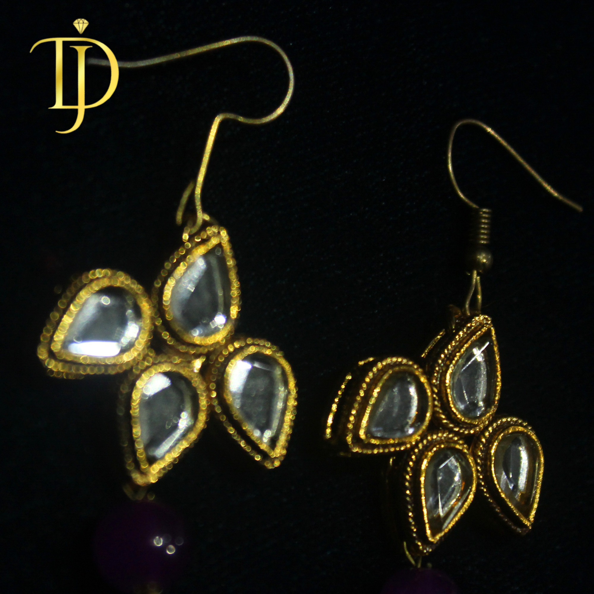 Handmade Kundan Flower Earrings - Traditional Gold Mirror Work Danglers with Purple Stone Drops