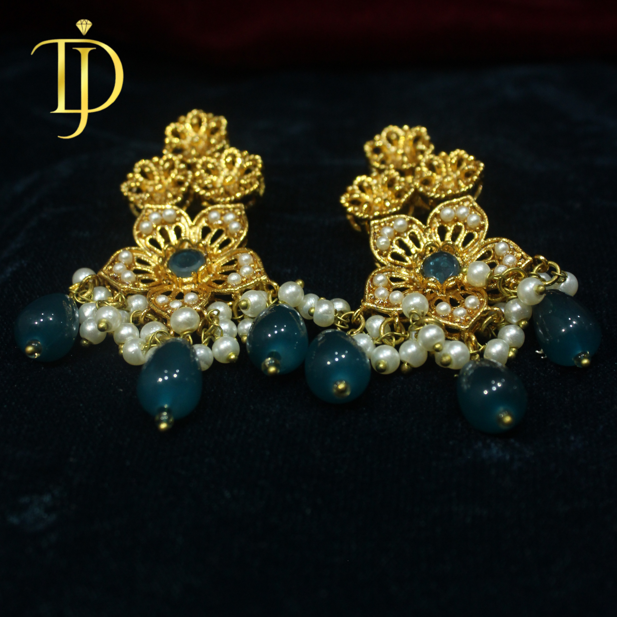 Azure Blossom Gold-Plated Necklace with Pearls & Blue Stone Droplets