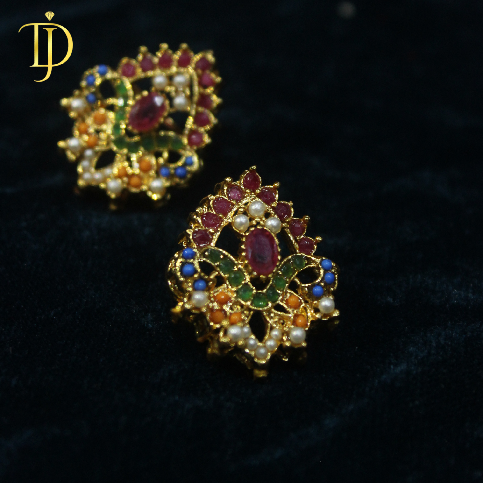 Royal Navratna Pearl Kundan Gold-Plated Stud Earrings