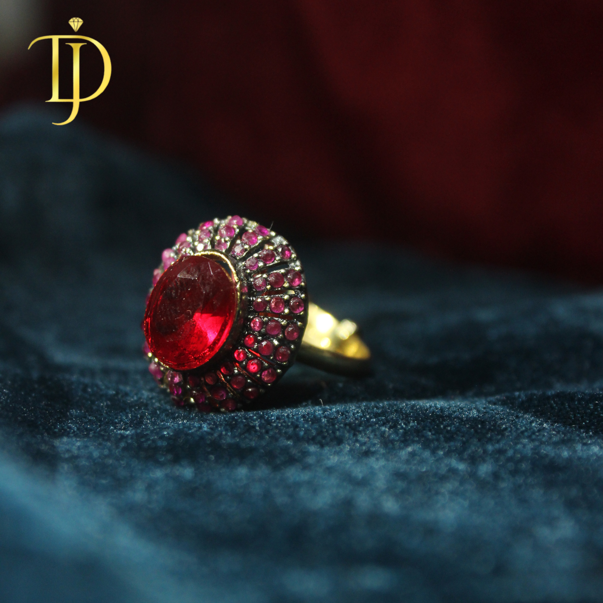 Royal Red Ruby Halo Statement Ring – Vintage Luxury Cocktail Ring for Women