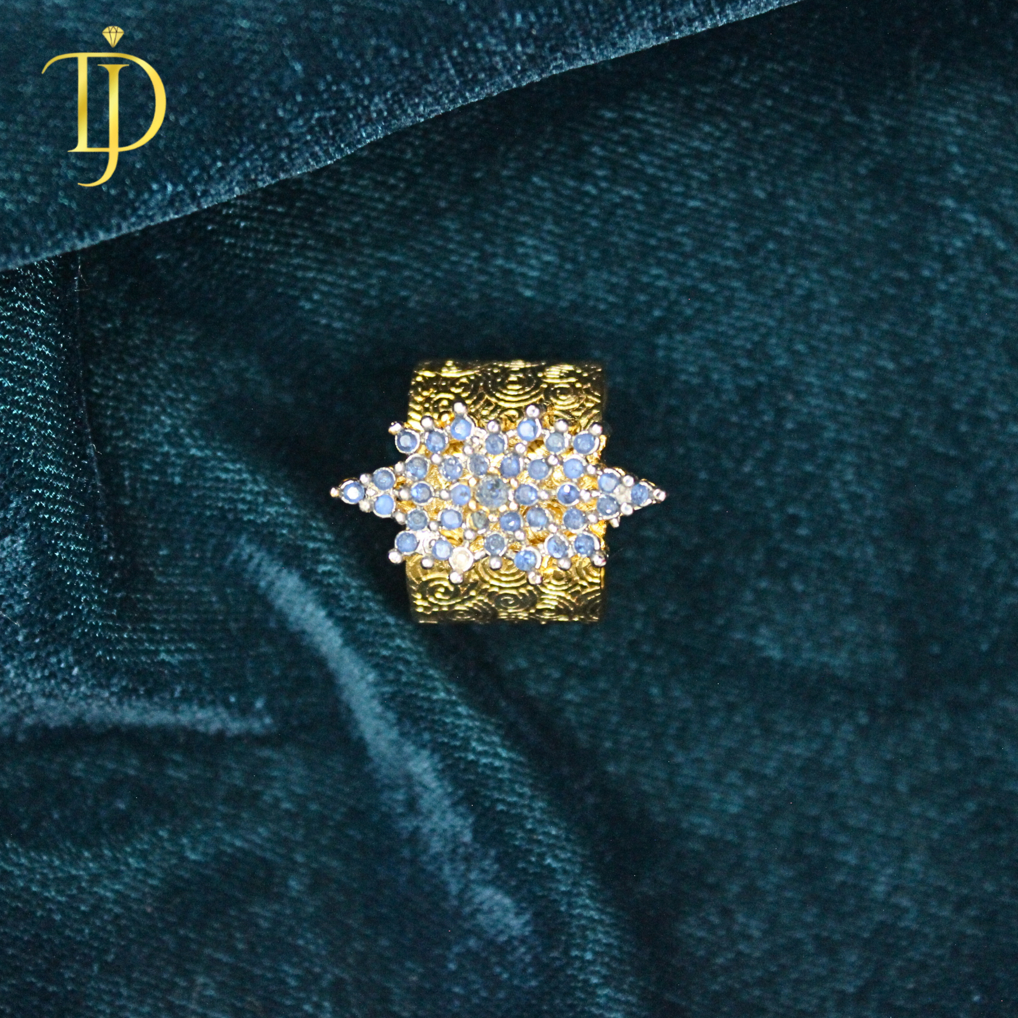 Royal Blue Cluster Statement Ring for Women – Luxury Gold Engraved Adjustable Band