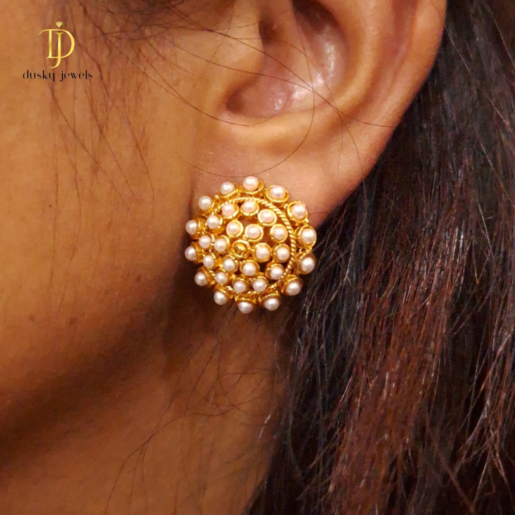 Elegant Gold-Plated Pearl Cluster Stud Earrings - Traditional Floral Design