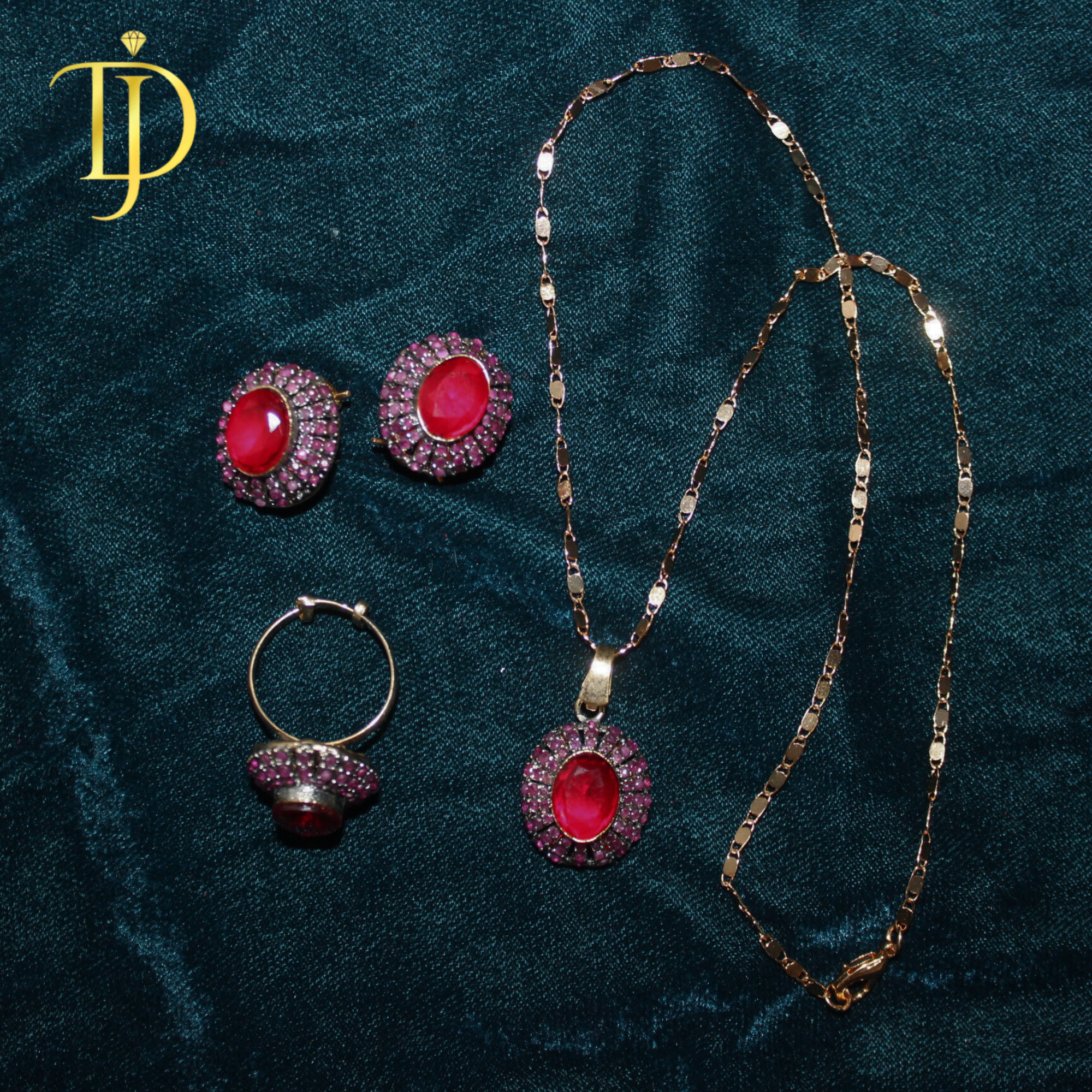 Royal Ruby Red Pendant Set – Ring, Earrings & Necklace Combo