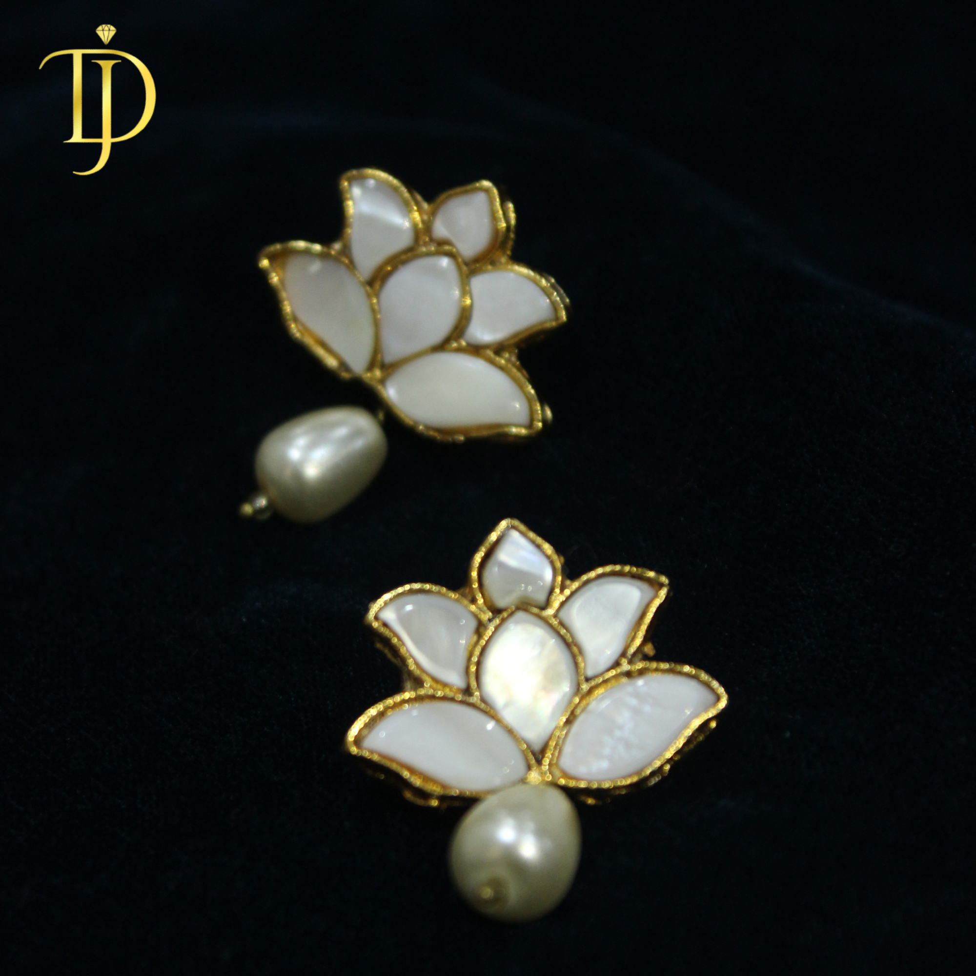 Handcrafted Mother of Pearl Lotus Studs with Teardrop Pearl Drops