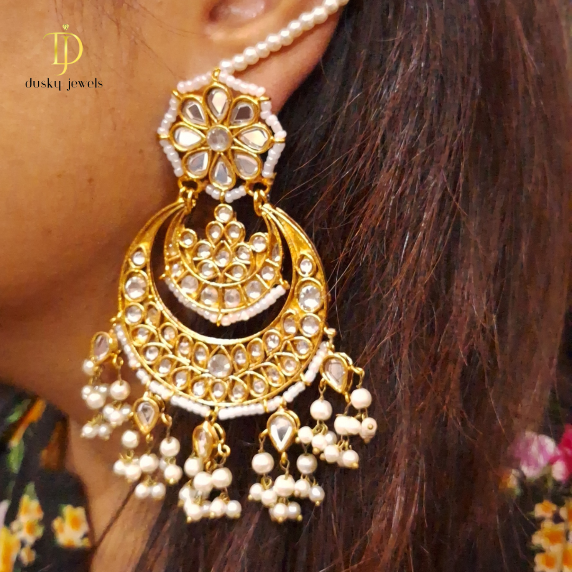 Traditional Kundan & Pearl Chandbali Earrings with Sahari Chains