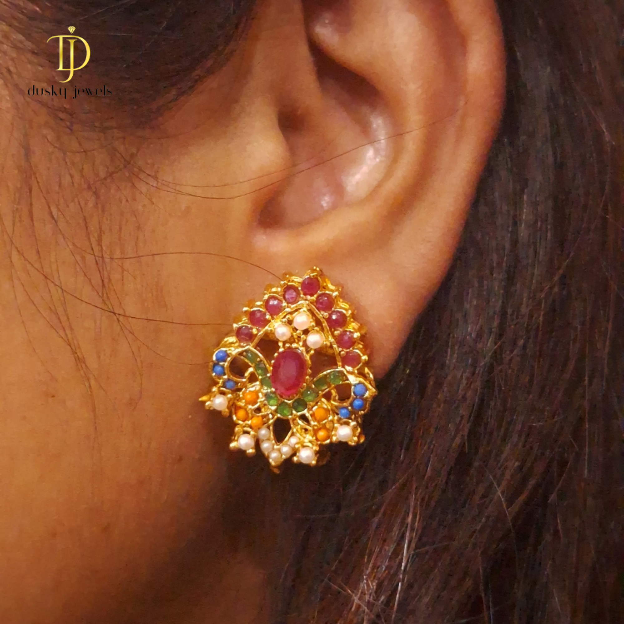 Royal Navratna Pearl Kundan Gold-Plated Stud Earrings