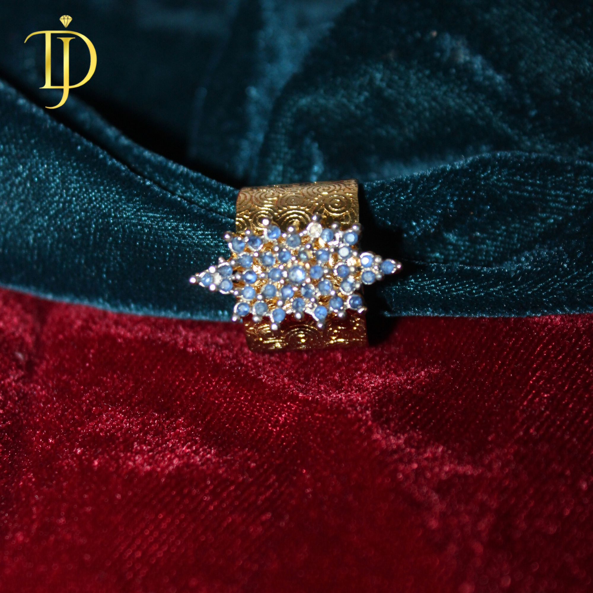 Royal Blue Cluster Statement Ring for Women – Luxury Gold Engraved Adjustable Band