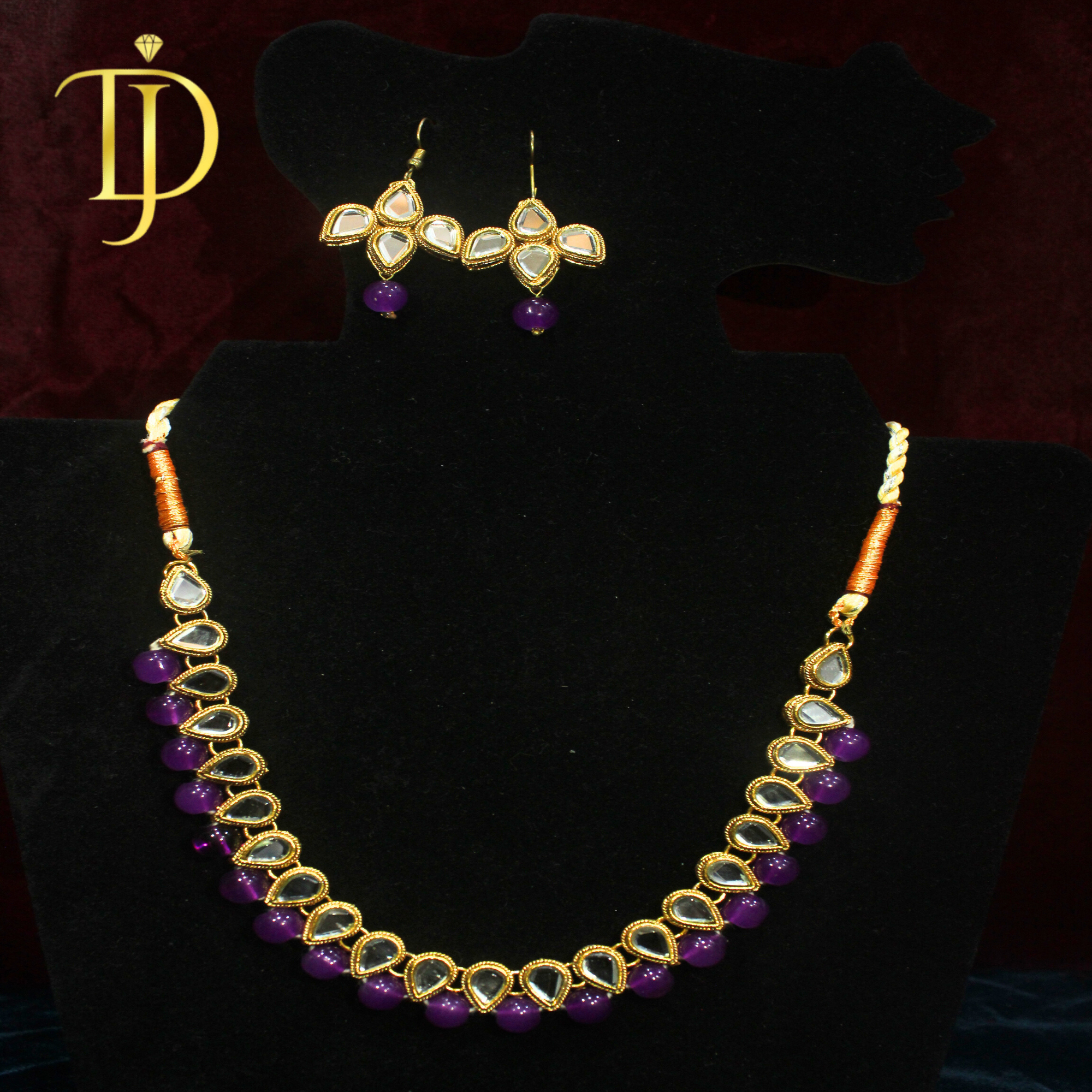 Handmade Kundan Necklace Set - Traditional Gold Mirror Work Jewelry with Purple Amethyst Beads