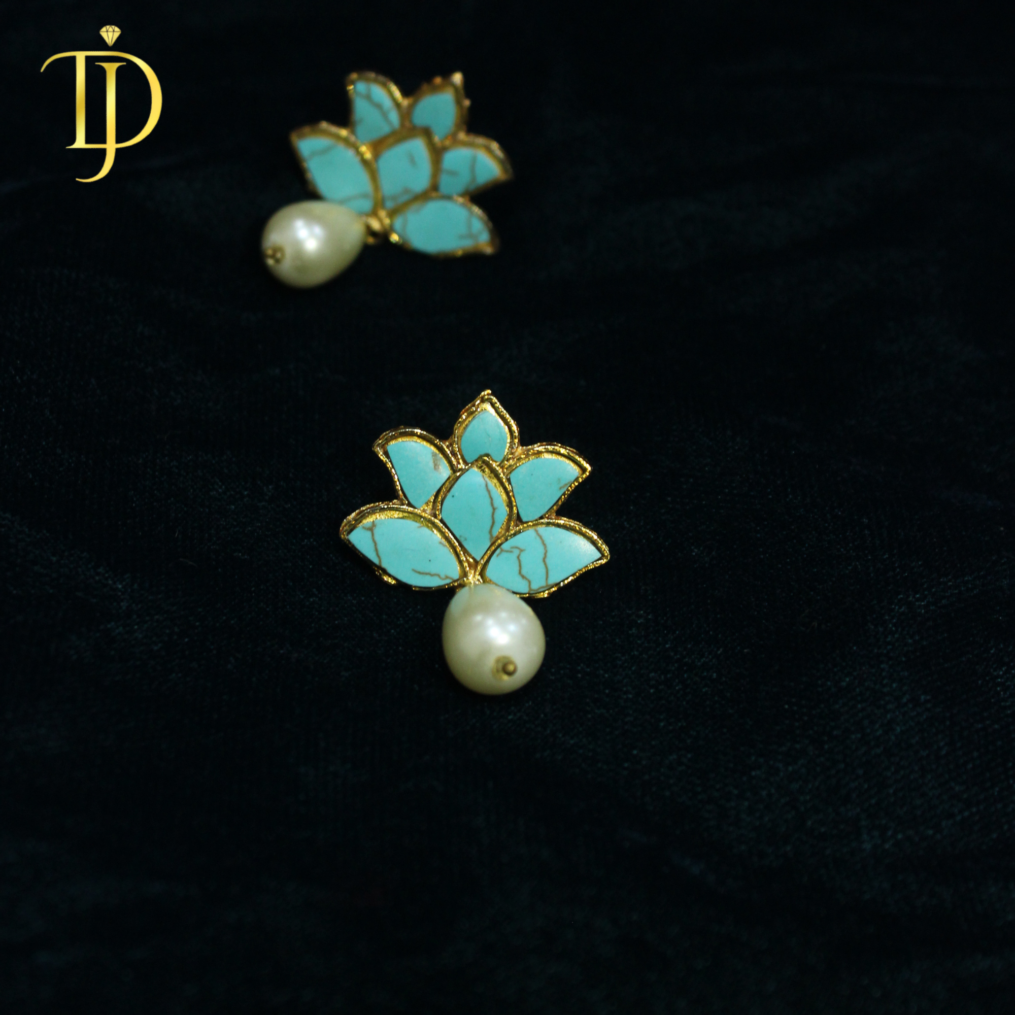 Handcrafted Mother of Pearl Lotus Studs with Teardrop Pearl Drops