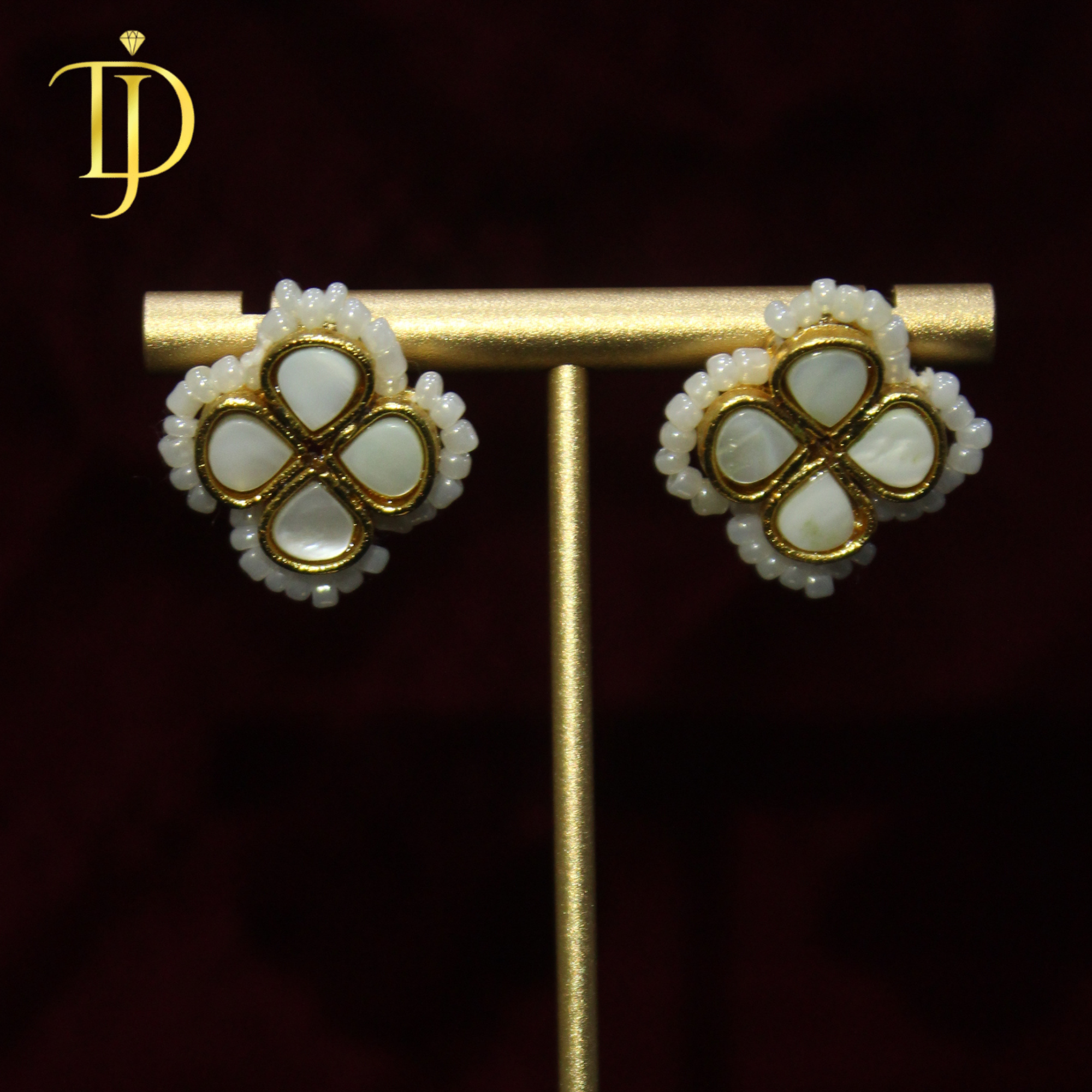 Premium Kundan Four-Petal Flower Studs - Elegant White Pearl Border Earrings