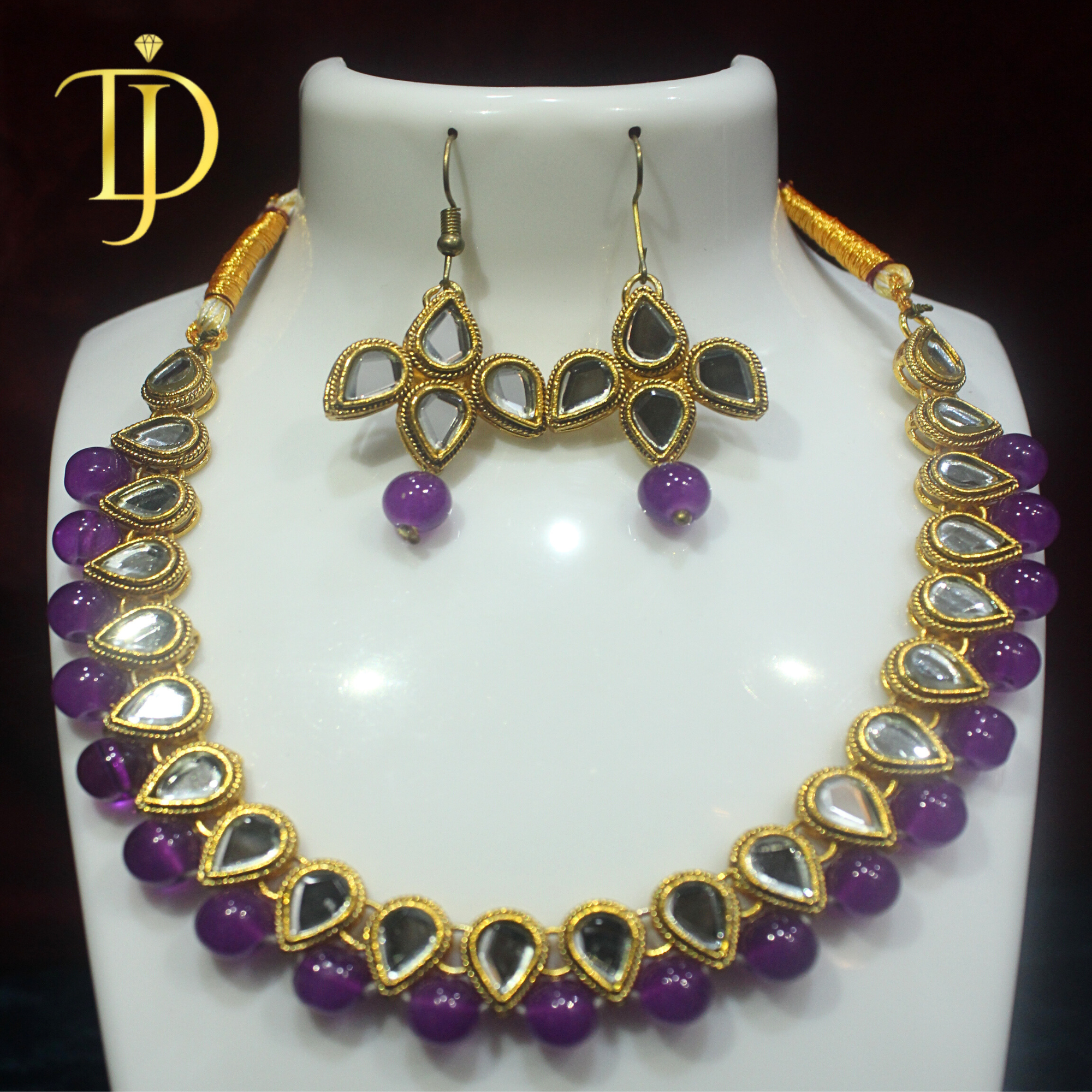 Handmade Kundan Necklace Set - Traditional Gold Mirror Work Jewelry with Purple Amethyst Beads