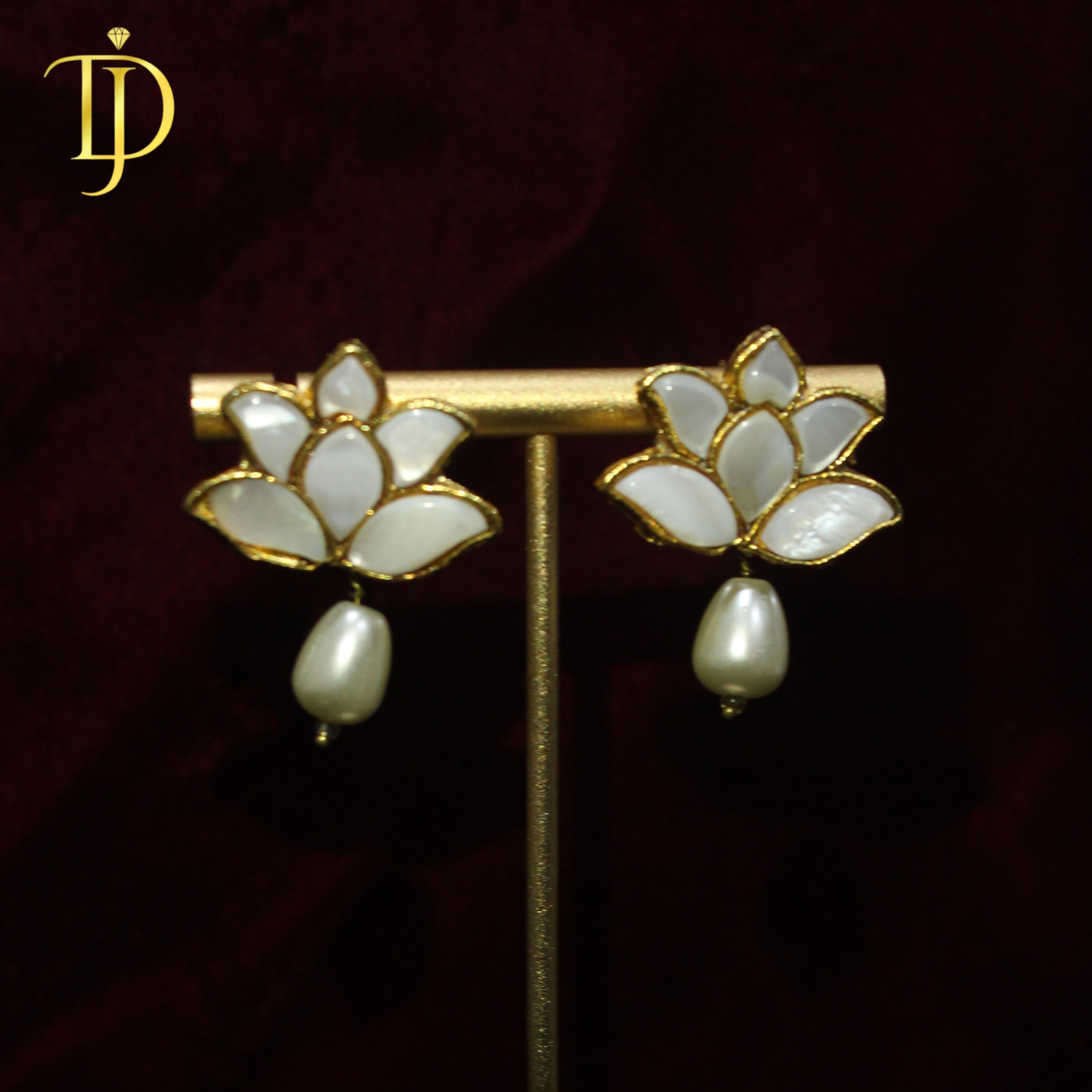 Handcrafted Mother of Pearl Lotus Studs with Teardrop Pearl Drops