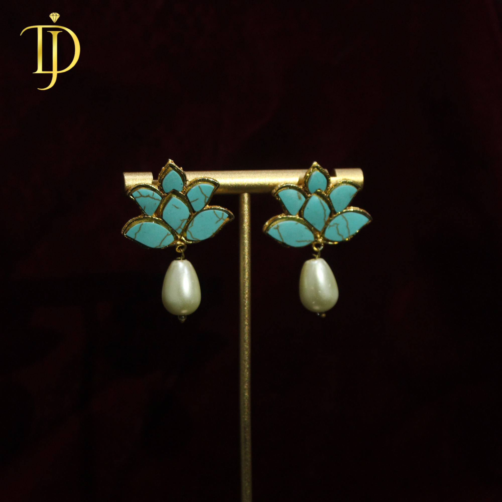 Handcrafted Mother of Pearl Lotus Studs with Teardrop Pearl Drops