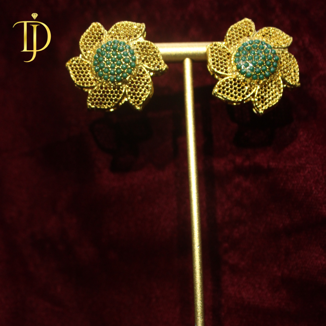 Elegant Green Stone Floral Gold Plated Stud Earrings for Women